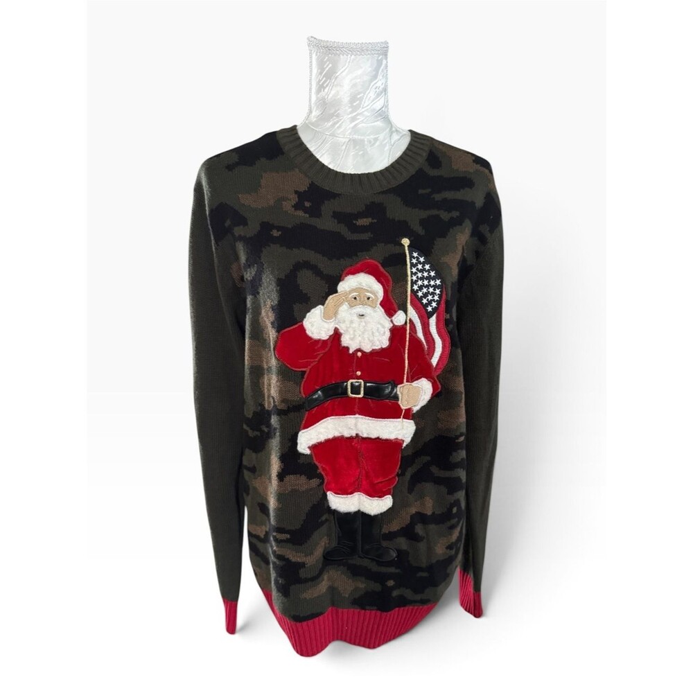 Ugly Christmas Sweater brand Camouflage Holiday Sweater with Red Santa Applique